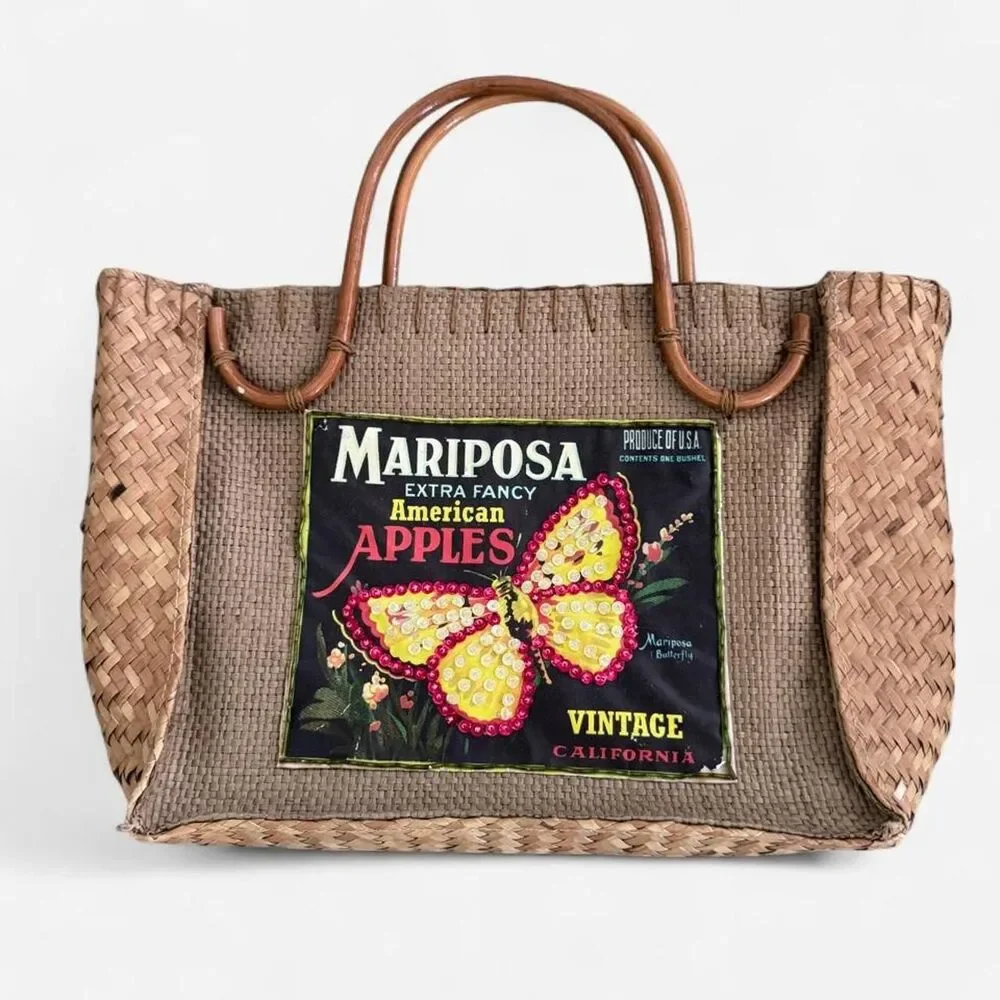 Handmade Woven Straw Handbag Mariposa Apples Butterfly Purse Tote